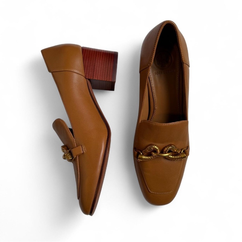 Tory Burch Tan Leather Loafers with Gold Chain
